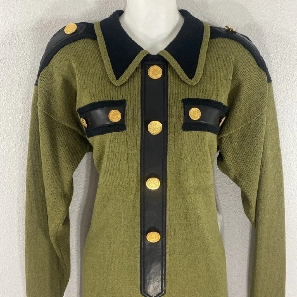 Vintage Cache green black knit military influenced dress Medium M W3 - Picture 2 of 12